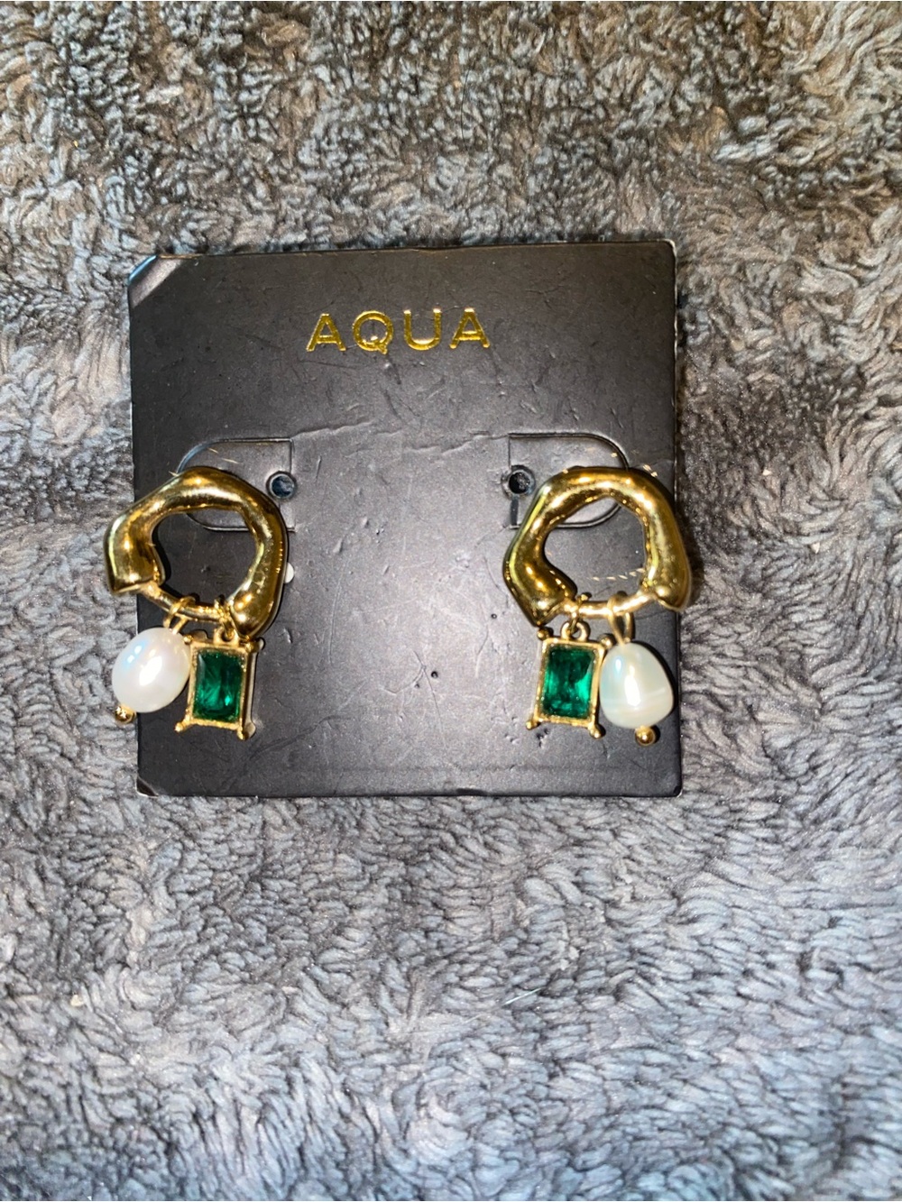 Aqua Gold-Tone Earrings with Emerald Green Stone and Pearl Charm $85